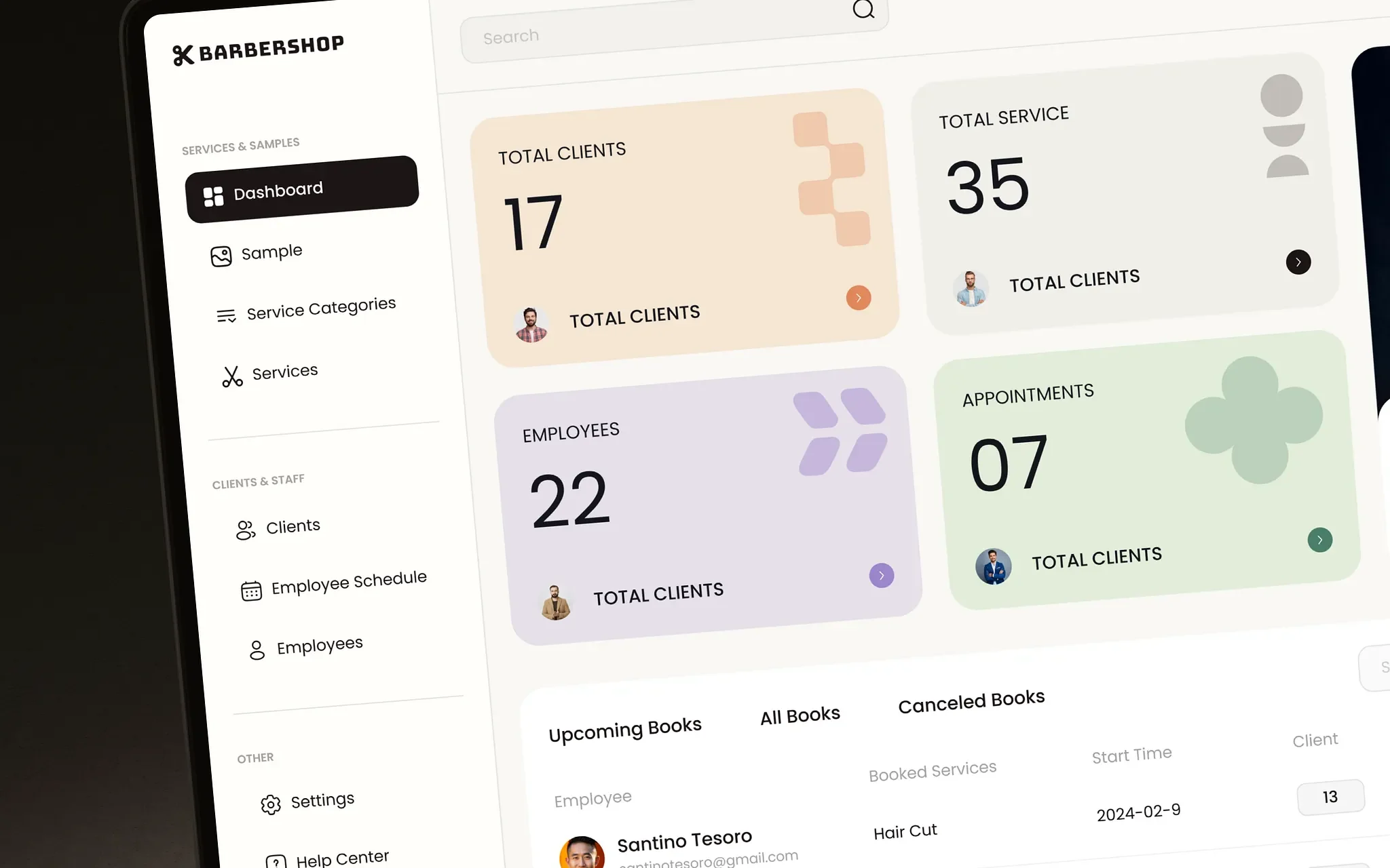 Barbershop CRM dashboard showing total clients, services, employees and appointments, a sidebar for services, clients and employee schedules, and a list of upcoming bookings