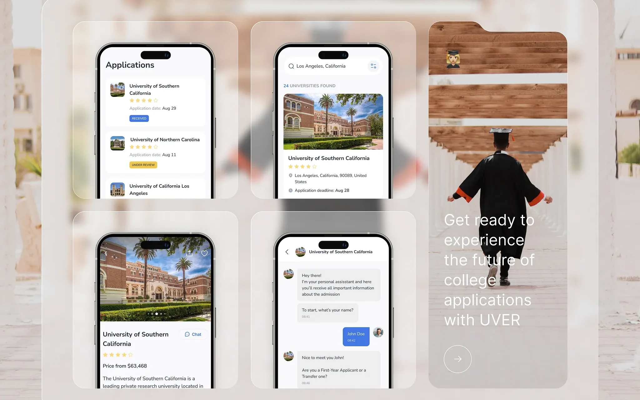 University admissions app screens: a list of applications with their status, a university search with application deadlines, a programme page with fees, and an admission assistant chat