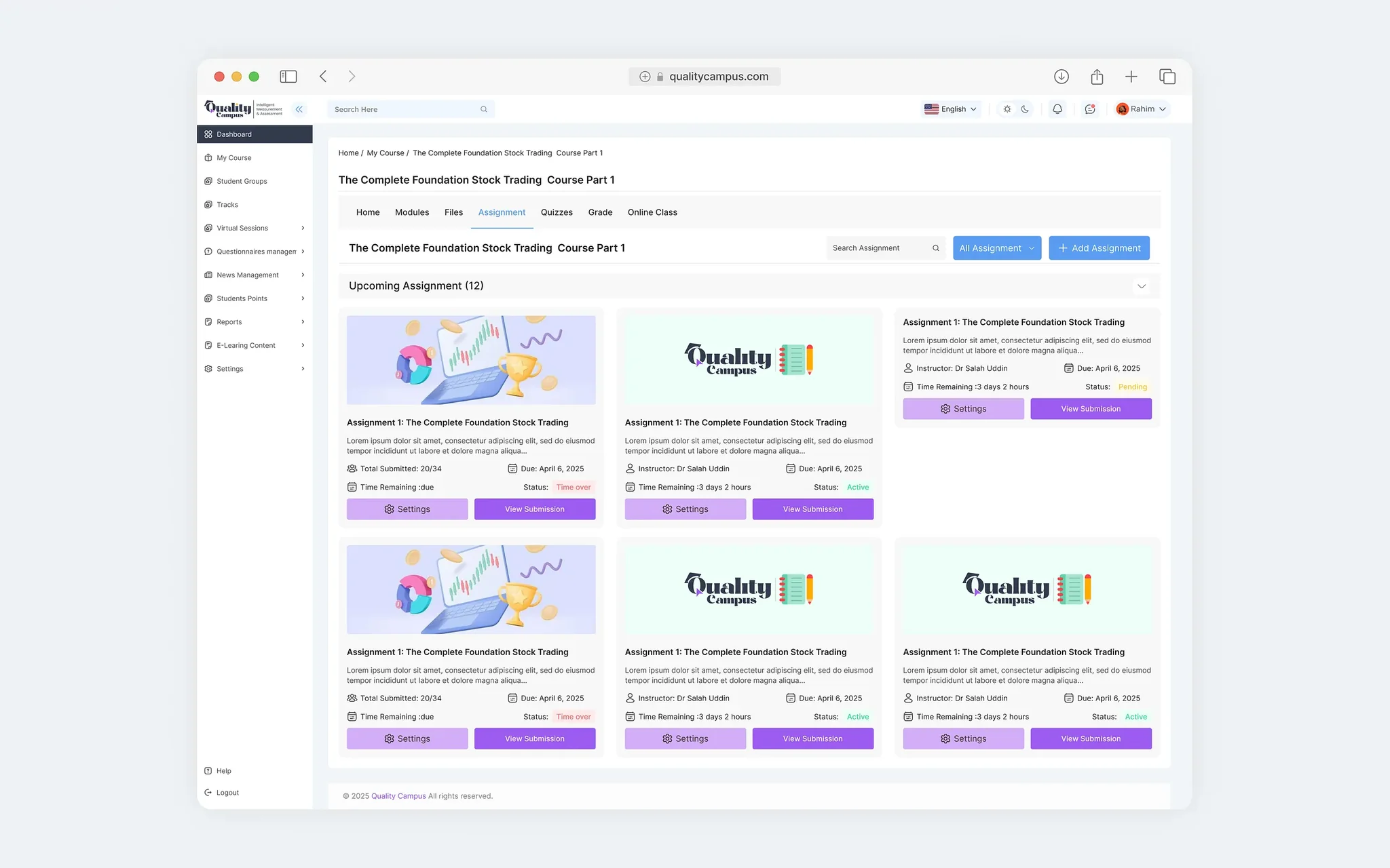 Course page in a learning platform with tabs for modules, files, assignments, quizzes, grades and online classes, and a grid of upcoming assignments with due dates, submissions and status
