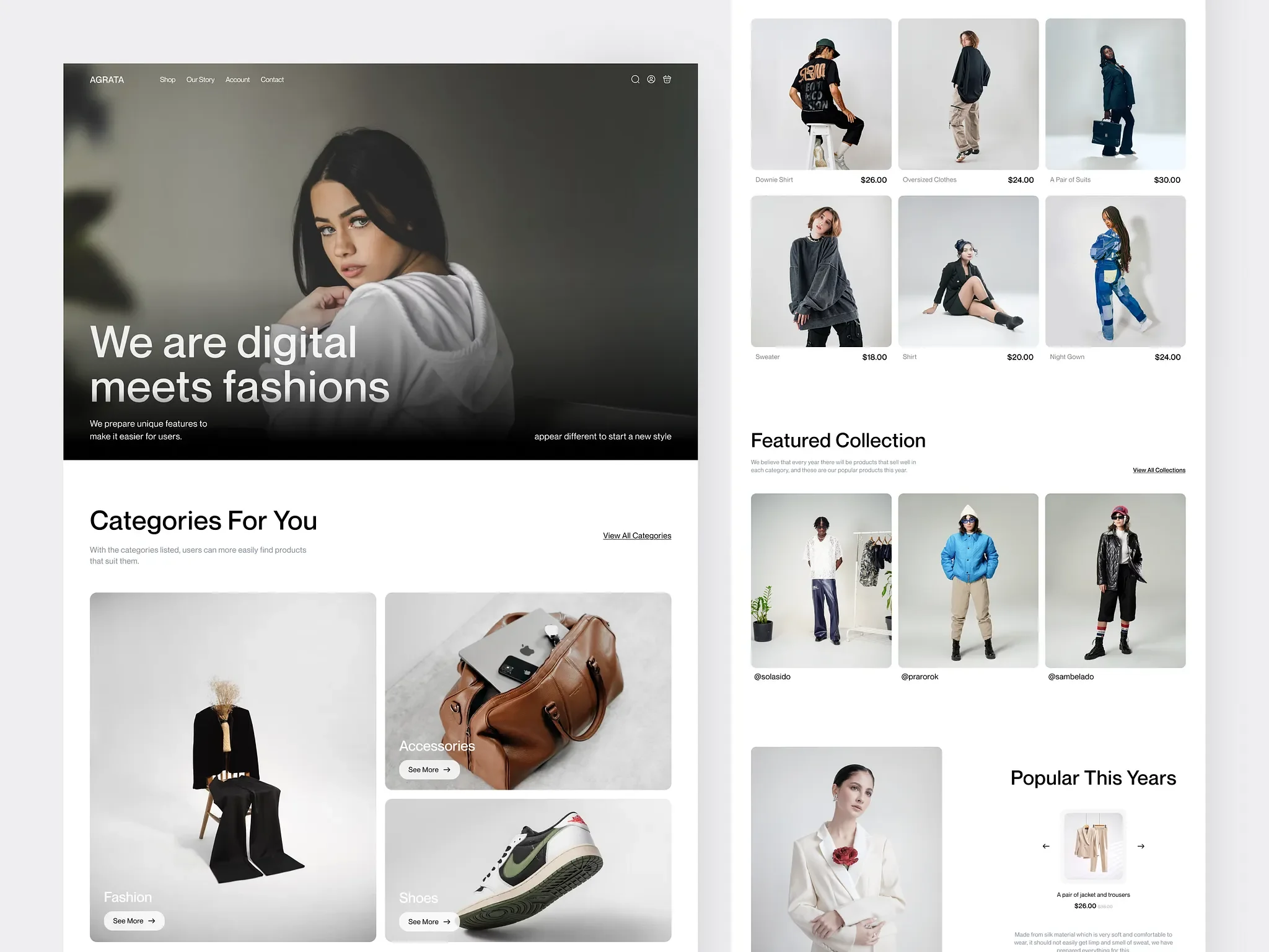 Agrata fashion store: editorial hero, category tiles, product grid, featured collection and best-sellers