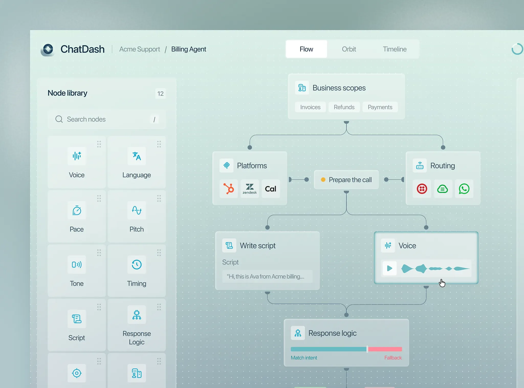 AI agent builder showing business scopes for invoices, refunds and payments, platform connections to HubSpot, Zendesk and Cal, routing to phone, cloud and WhatsApp, a written call script, a generated voice clip and response logic with match-intent and fallback