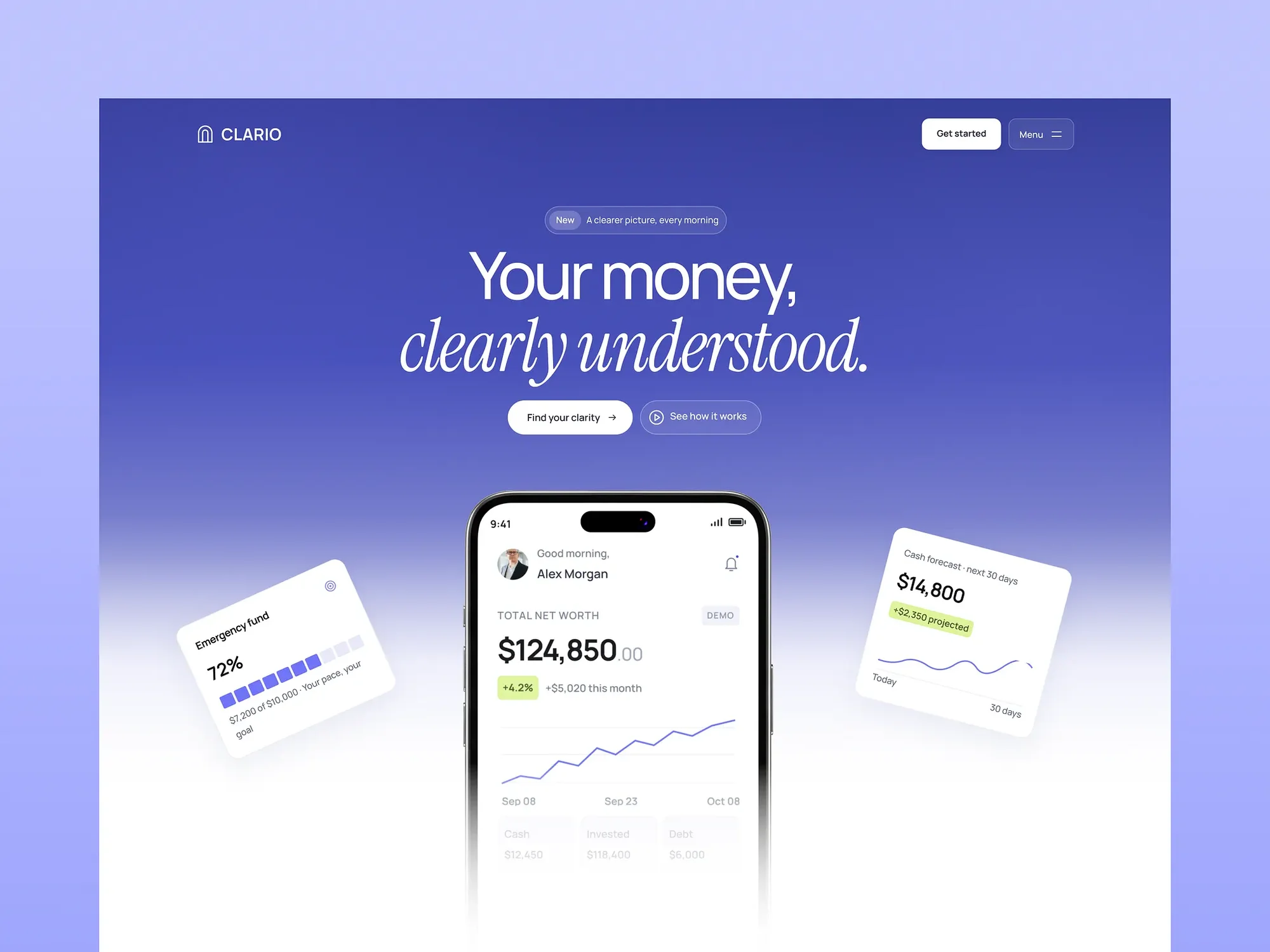 Clario landing page hero with a phone showing net worth and floating cards