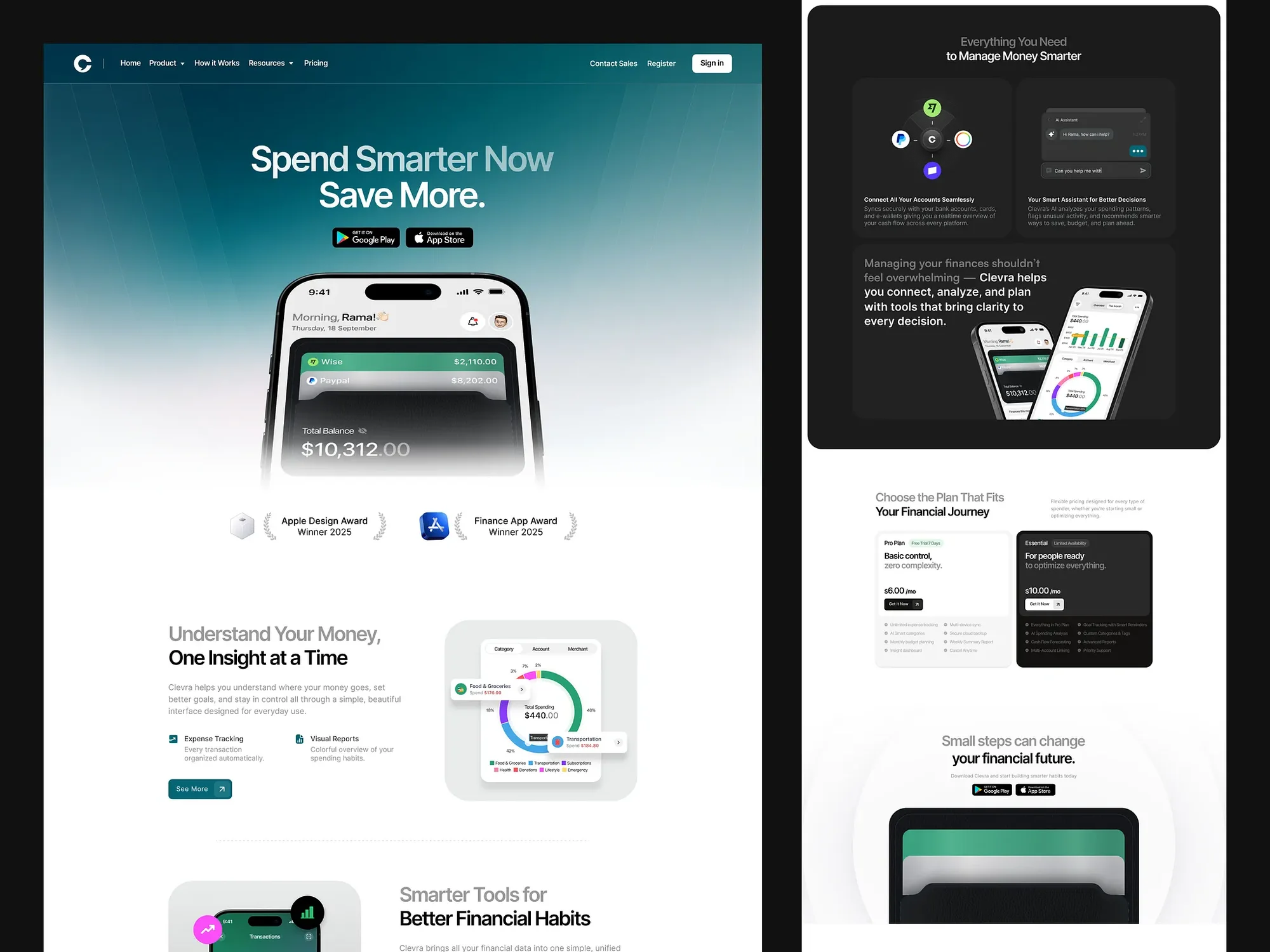 Clevra finance app website with phone mockups, feature cards and pricing plans
