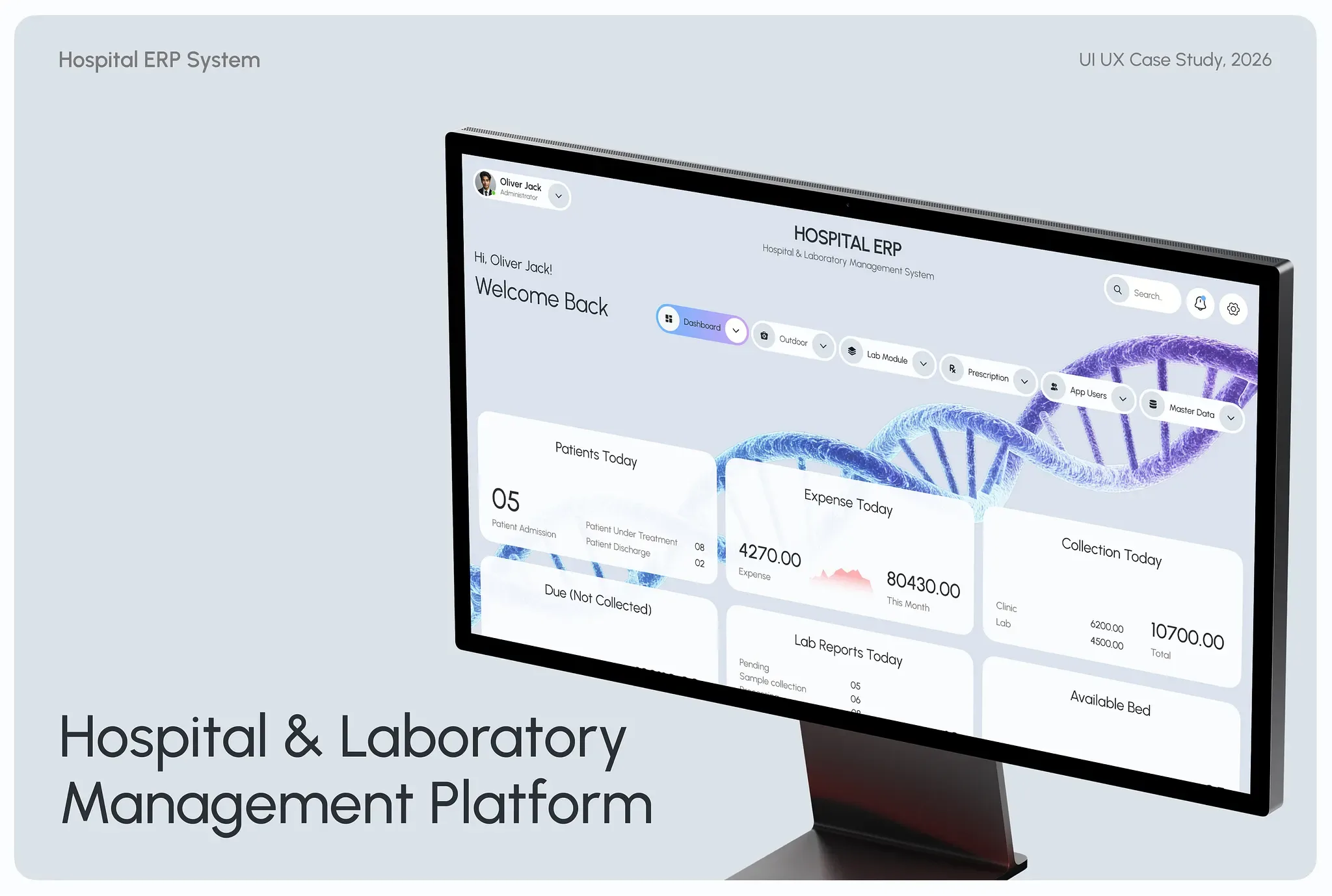 Hospital ERP dashboard with patients today, expense today, collection today, lab reports today and available beds