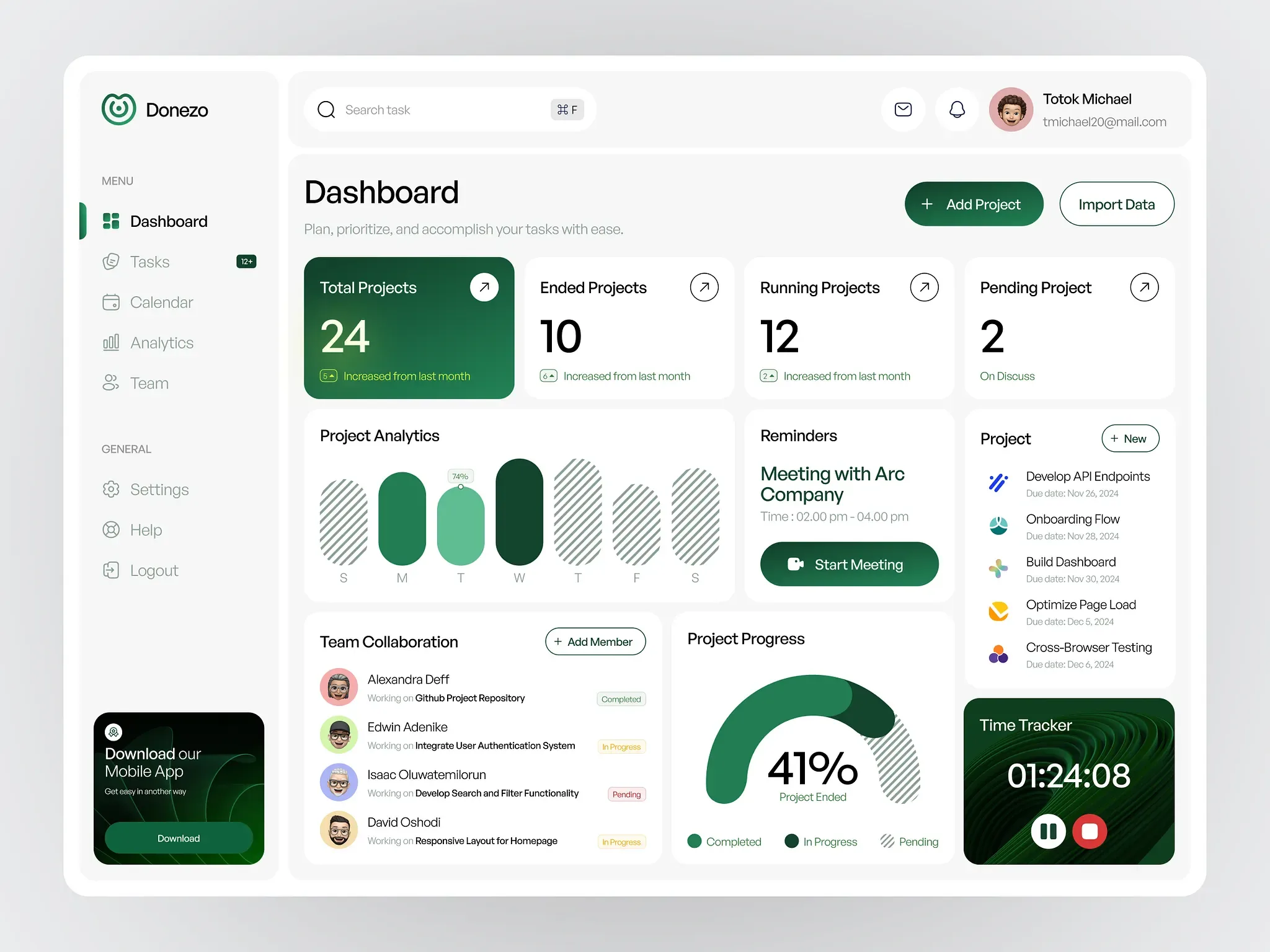 Project tracking dashboard with running, ended and pending work counts, a weekly activity chart, a task list with due dates and a built-in time tracker — the kind of board your plan's development hours run on