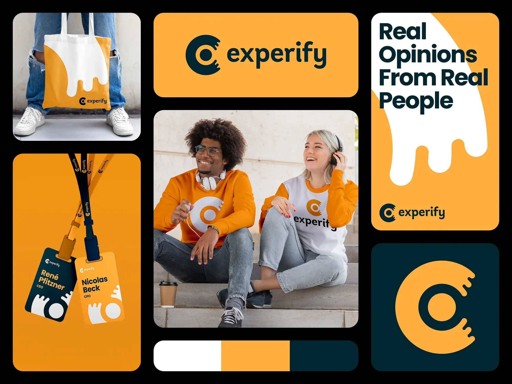 Experify brand identity applied to a tote bag, lanyards, sweatshirts and colour palette