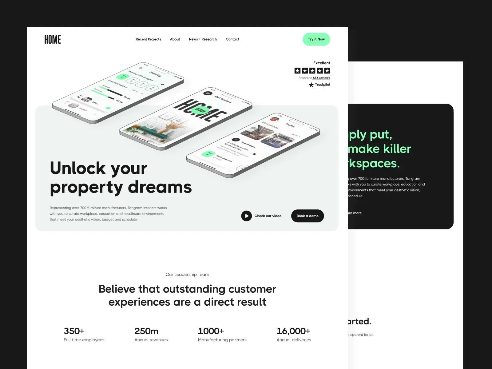 HOME interior design app landing page with angled phone screens