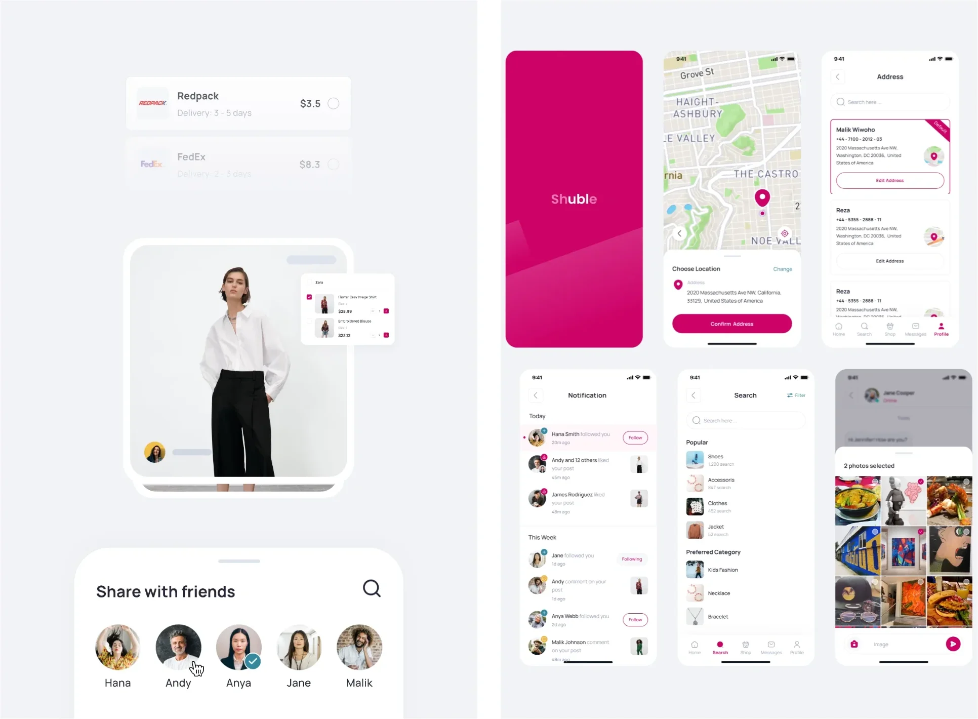 Shuble app screens: a shoppable post with its cart, courier options, share with friends, splash screen, map address picker, saved addresses, notifications, search and photo chat