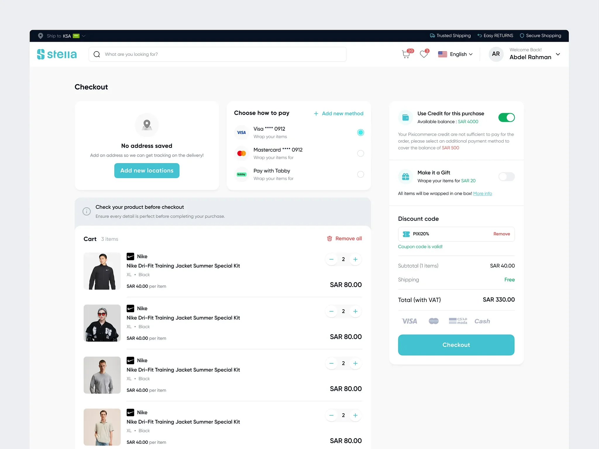 Stella checkout page with payment methods, store credit, gift wrapping, discount code and cart summary