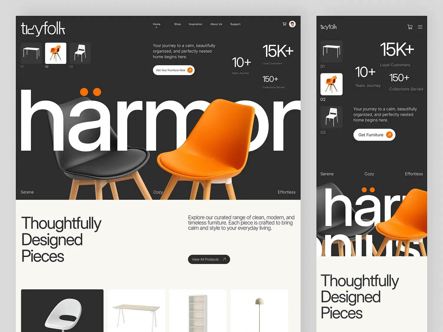 Tkyfolk furniture e-commerce home page on desktop and mobile